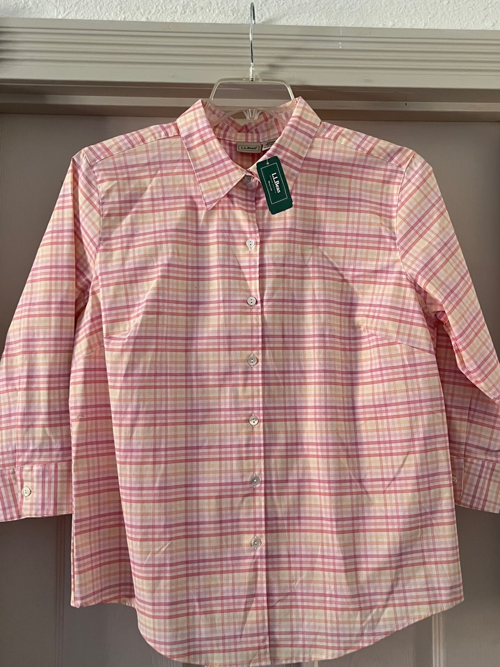 L.L.Bean Wild Berry Plaid Button-Down Shirt 3/4 sleeve size L NWT